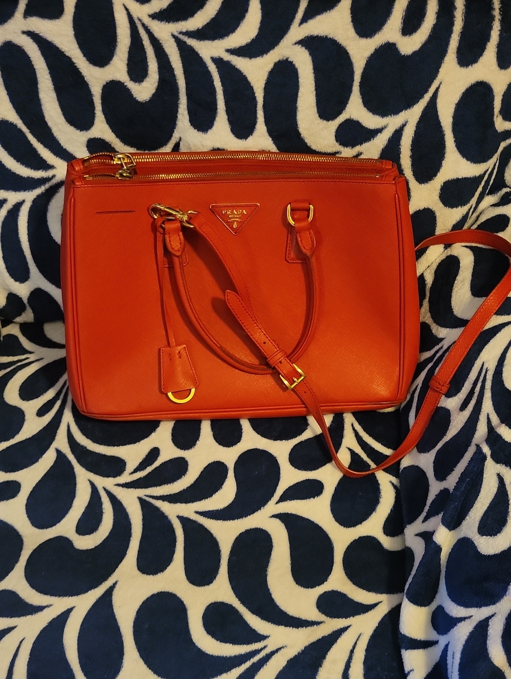 Prada Red Saffiano Leather Satchel with Gold Accents